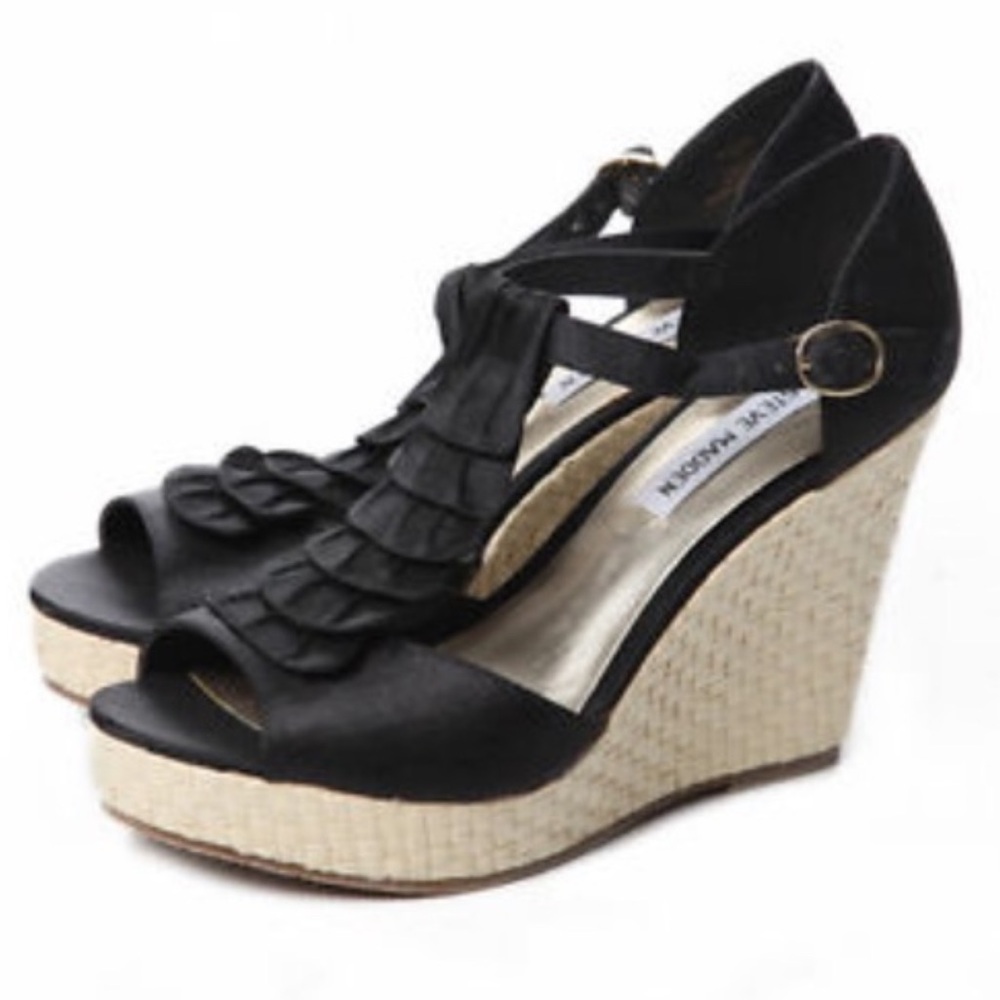 Steve Madden Black Ruffle Wedge Sandal